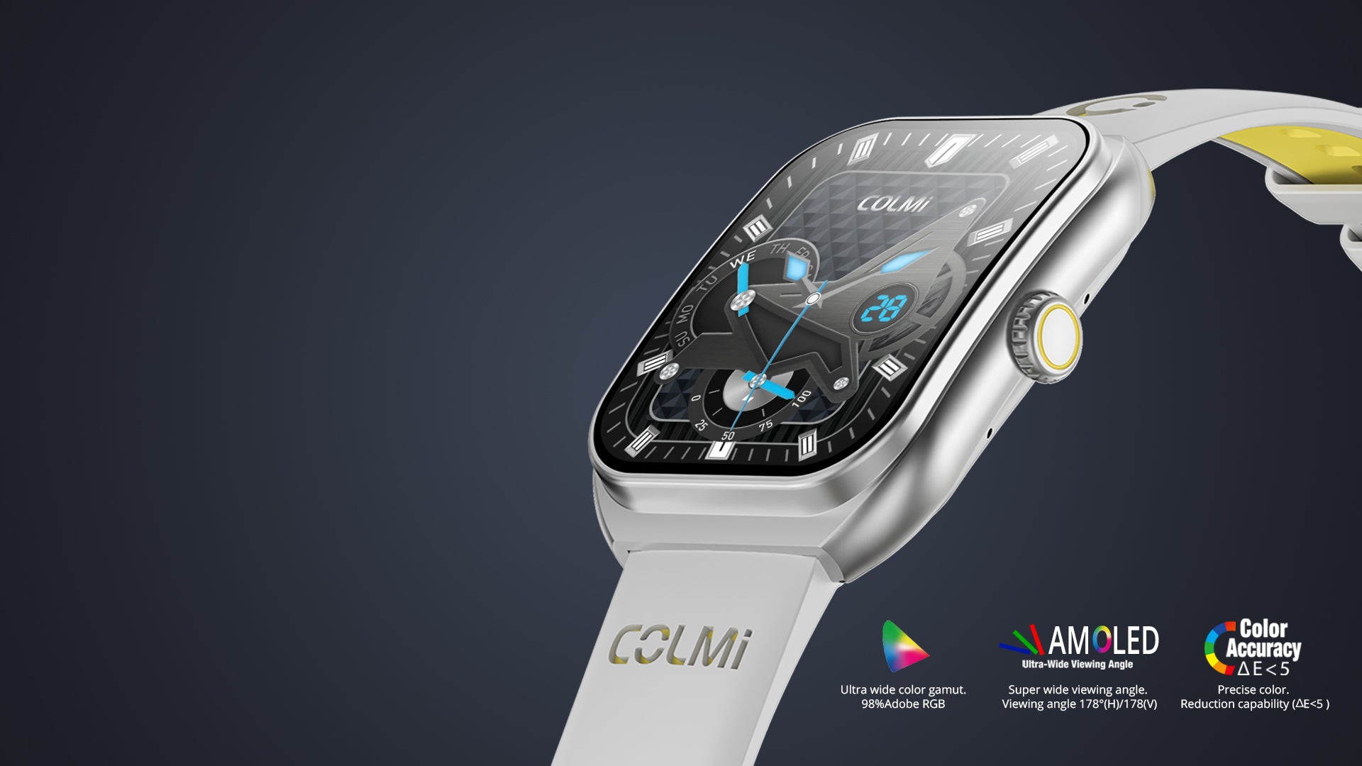 Smartwatch with Colmi branding on a dark background